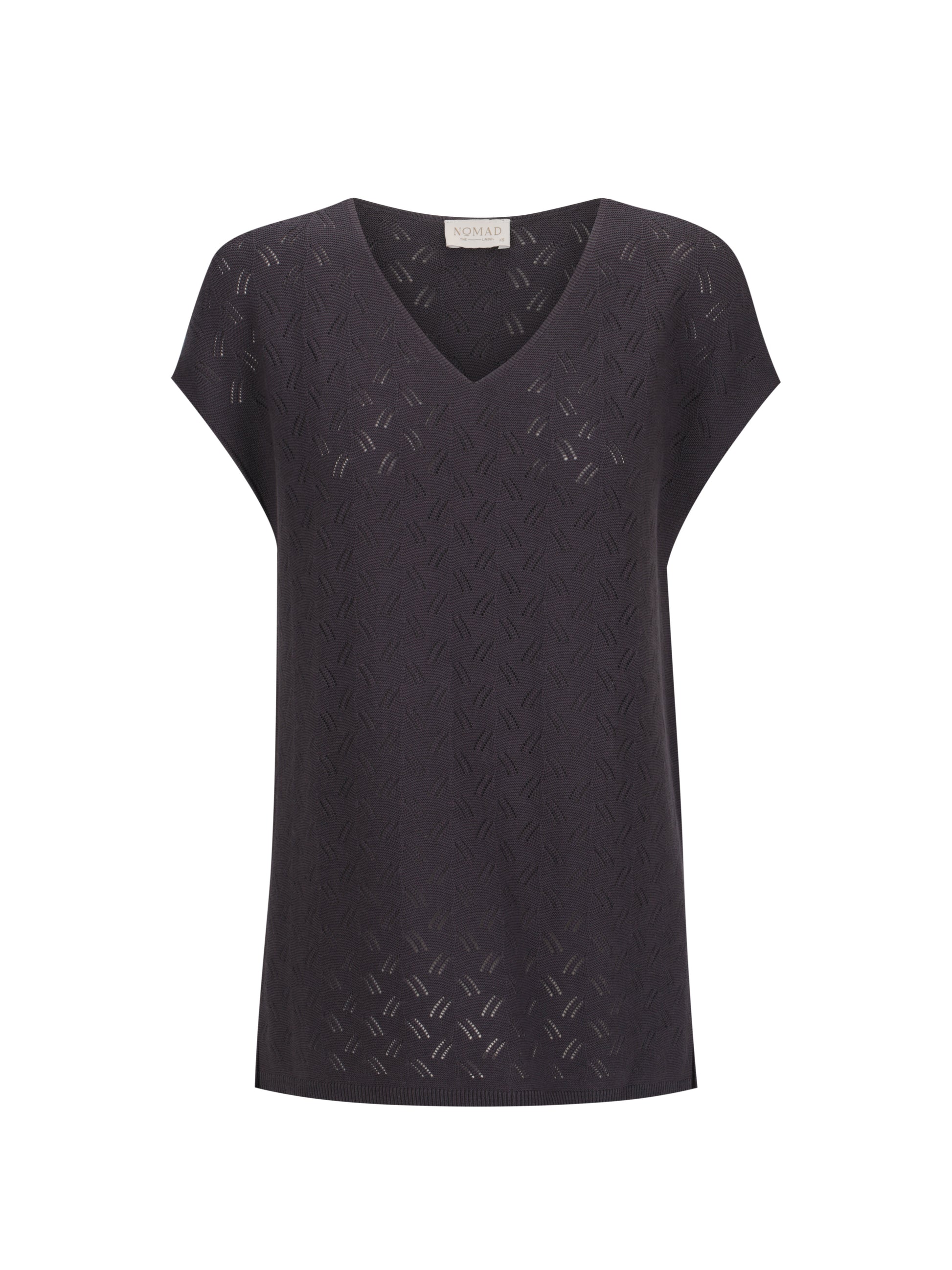 Black sleeveless top with a subtle pattern on a white background