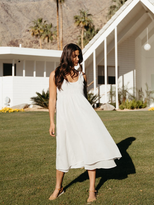 Model wearing Del Monte Midi Cotton Dress Coconut