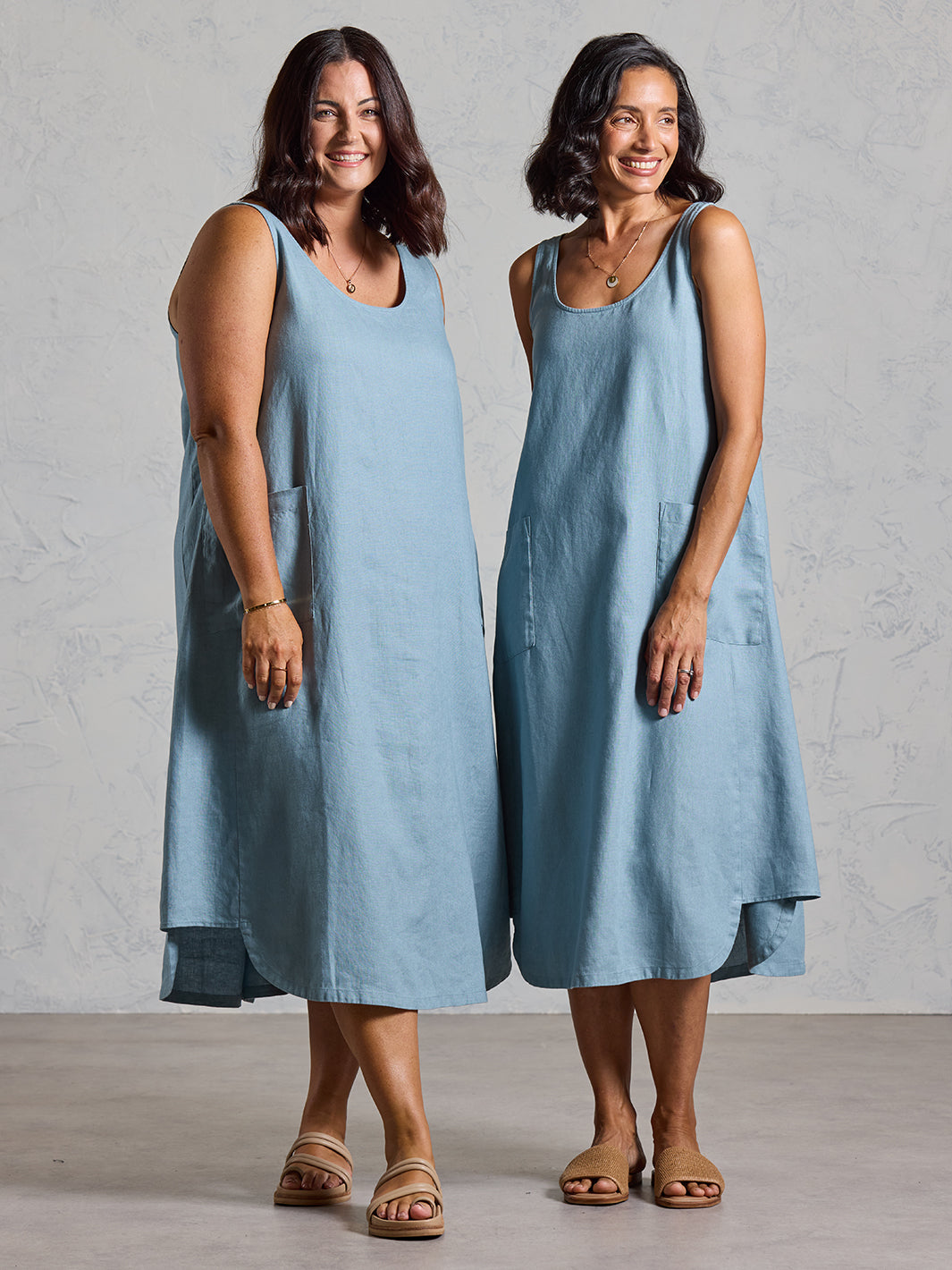 Model wearing Laurel French Linen Dress in Tahiti Blue colour