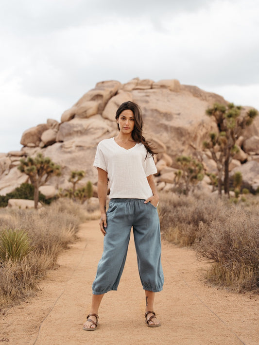 Model wearing Marrakech Linen Pants Tahiti Blue