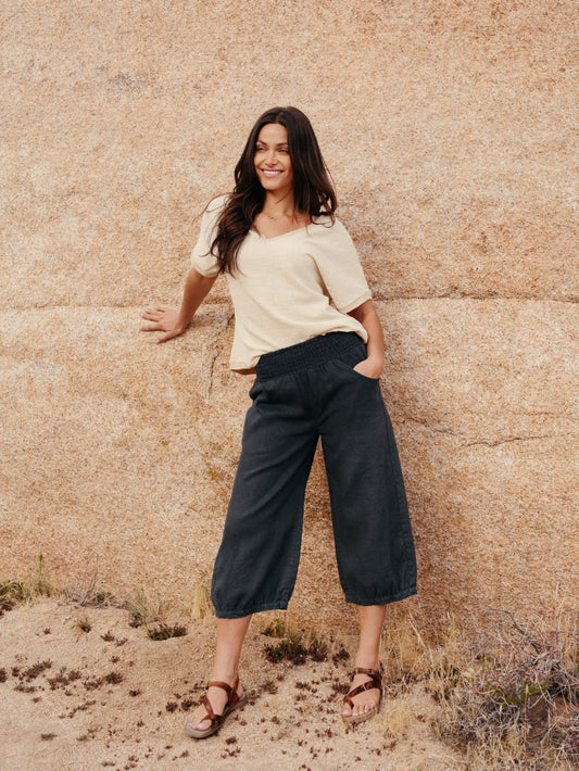 Model wearing Marrakech Linen Pants Charcoal
