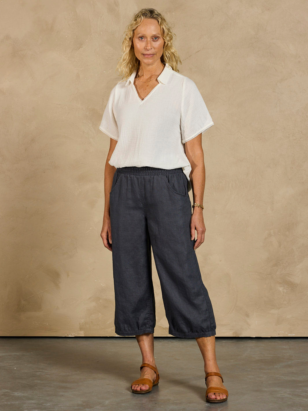 Model wearing Marrakech Linen Pants Charcoal