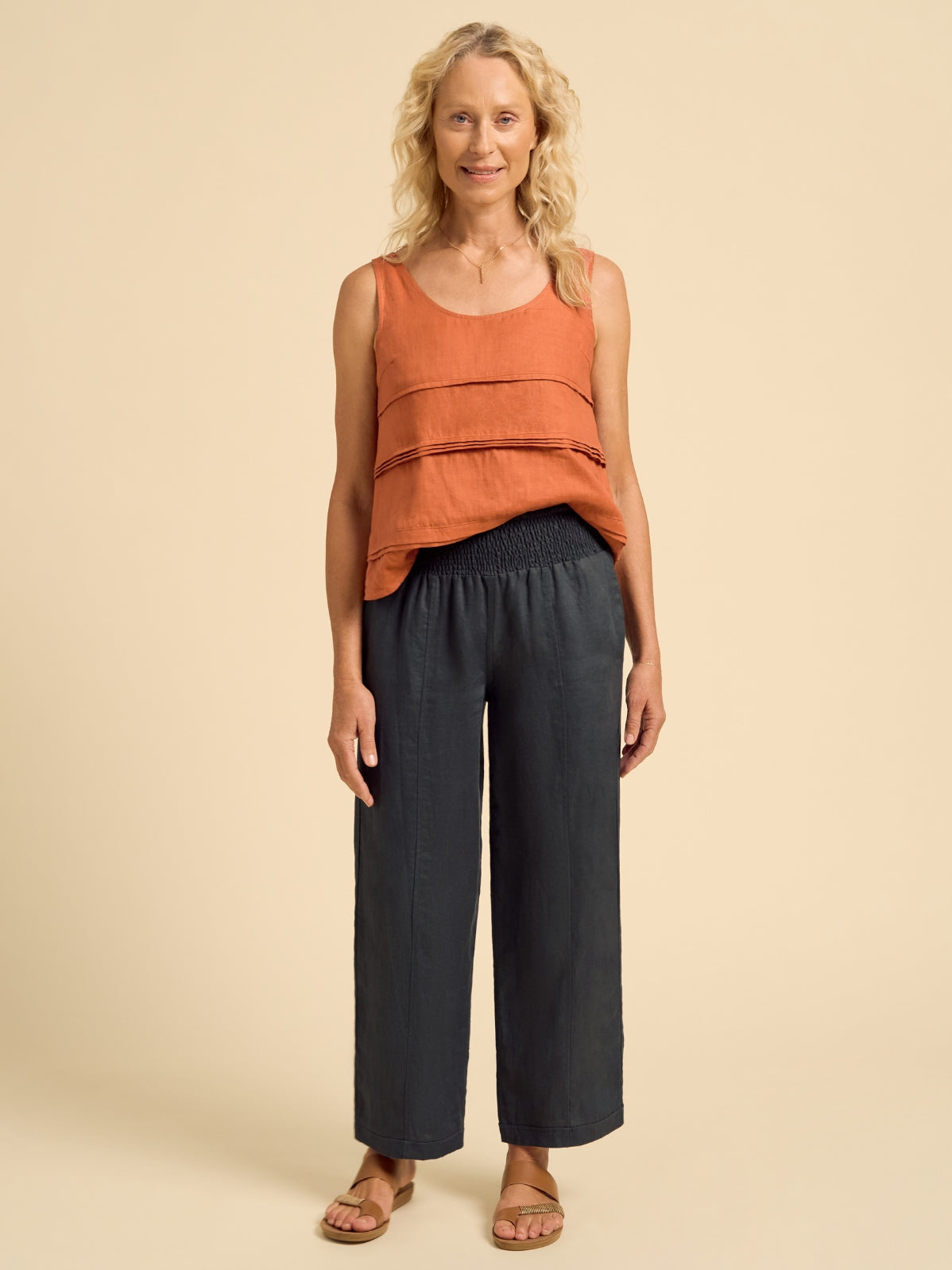 Model wears Morrissey Linen Twill Pants in Charcoal