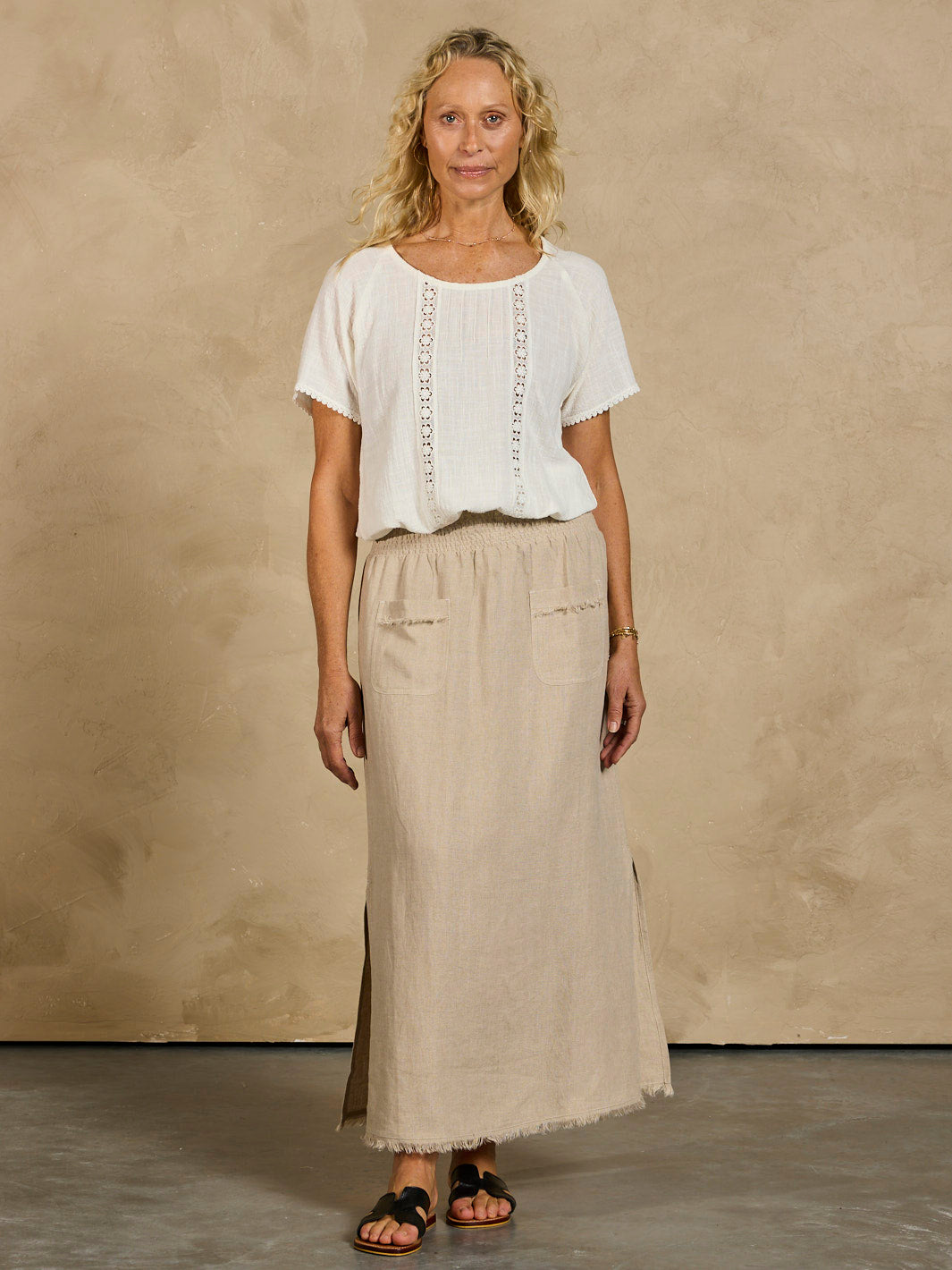 Model wearing Aurora French Linen Skirt Flax