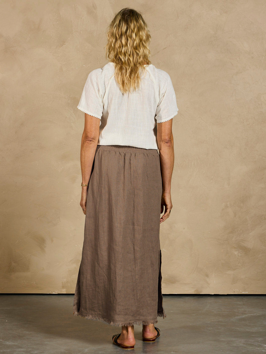Women wearing Aurora French Linen Skirt Cinnamon