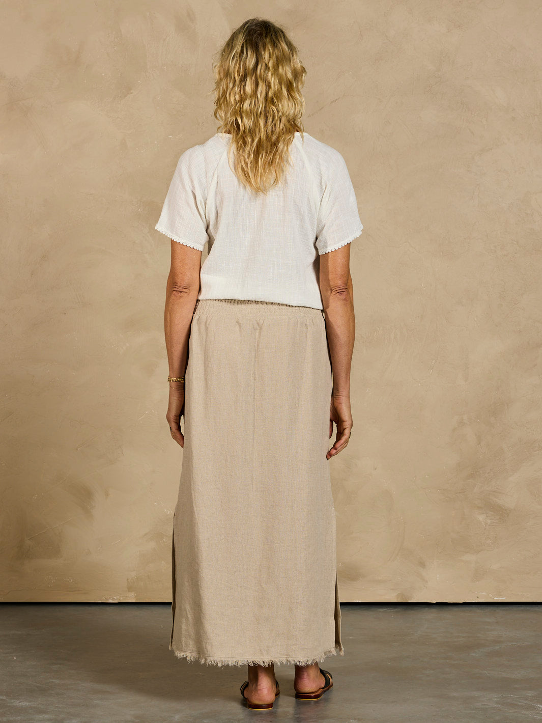 Model wearing Aurora French Linen Skirt Flax