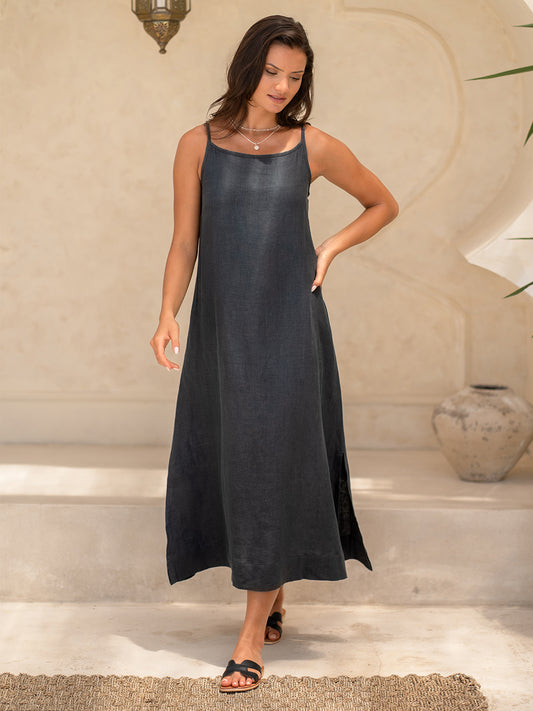 Model wears Peony Linen Dress in Charcoal