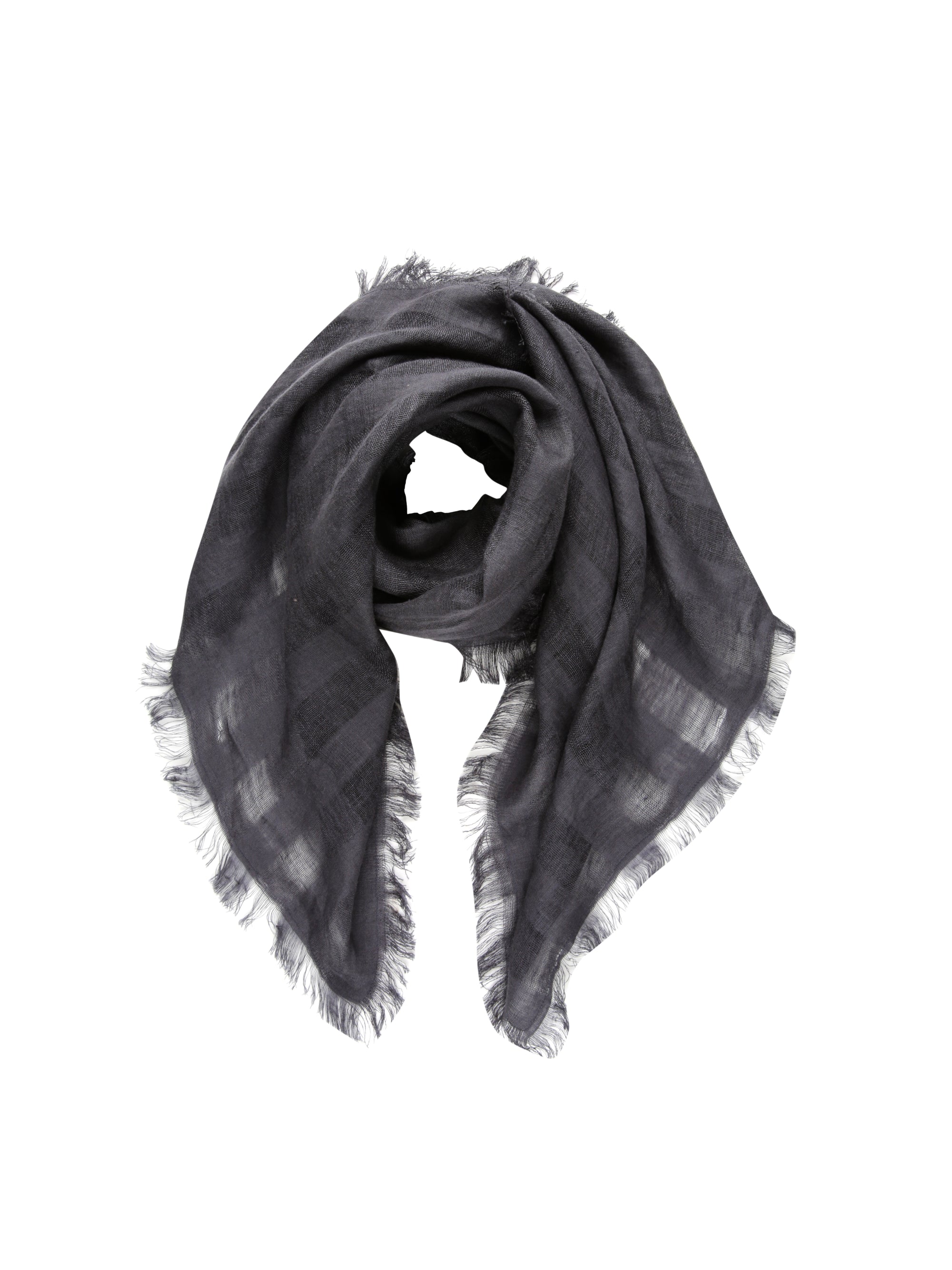 Dark gray scarf with frayed edges on a white background