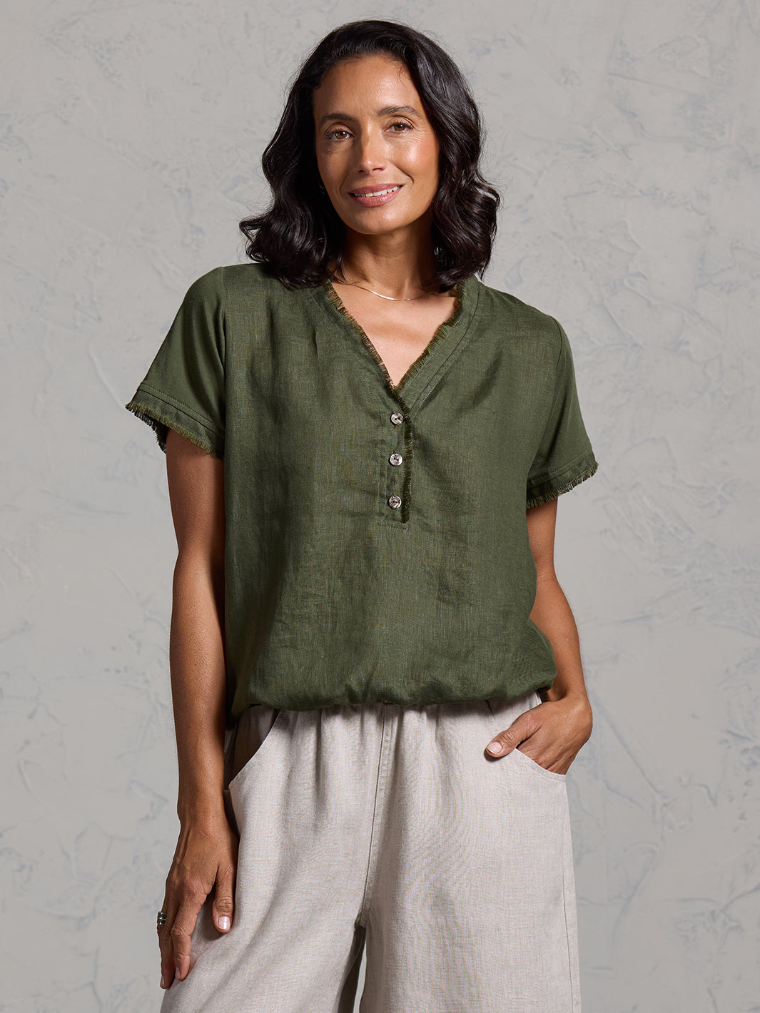 Vivre French Linen and Cotton Blouse Olive
