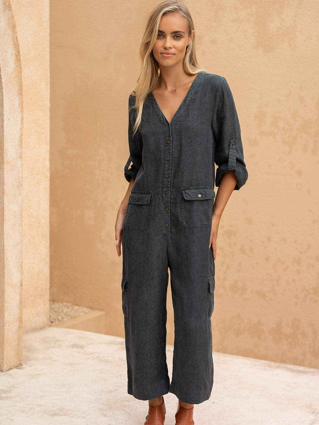 Mara Linen Jumpsuit Charcoal Relaxed Charcoal Linen Jumpsuit