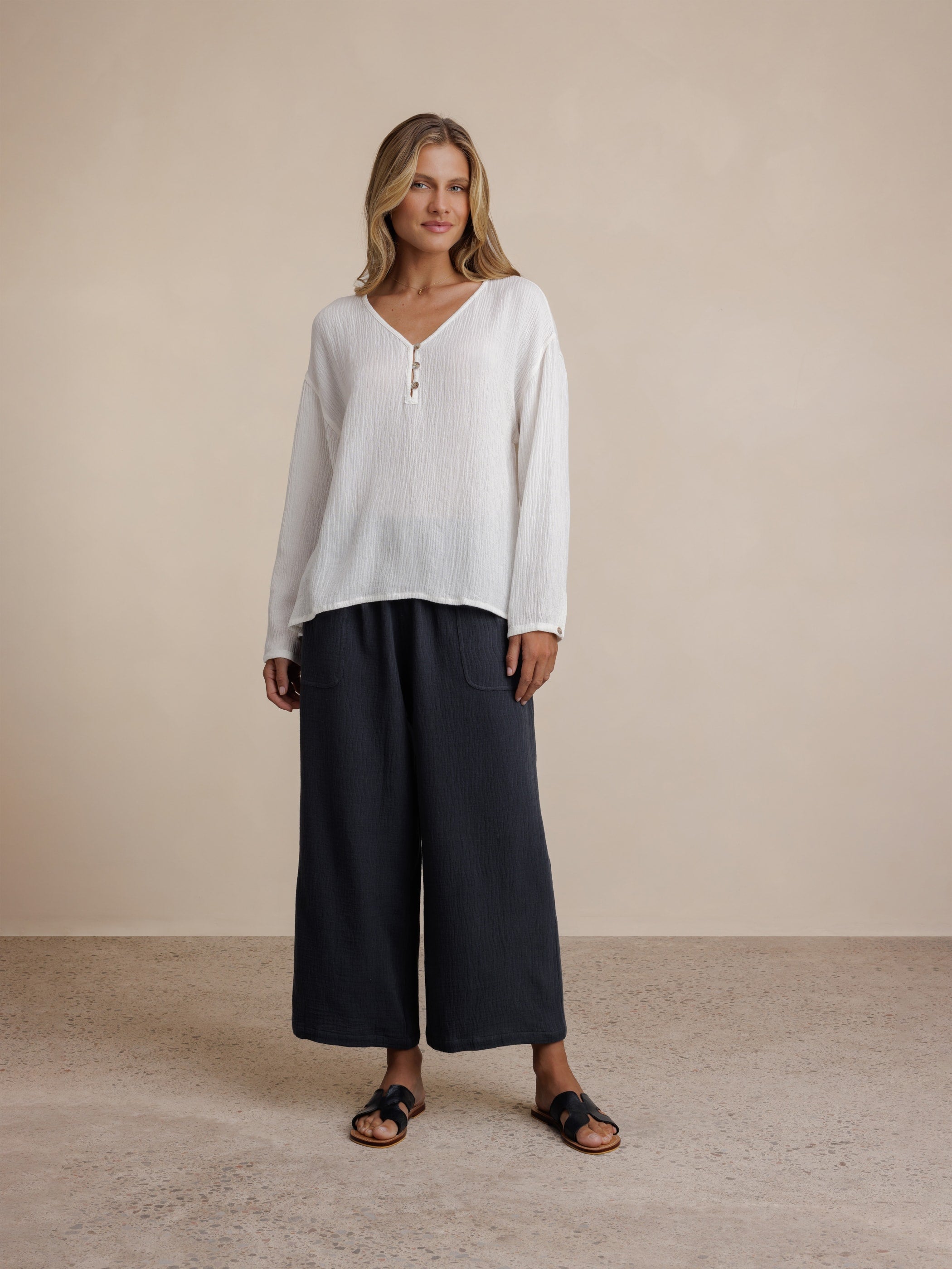 Model wears La Vie Linen Blend Blouse in Coconut
