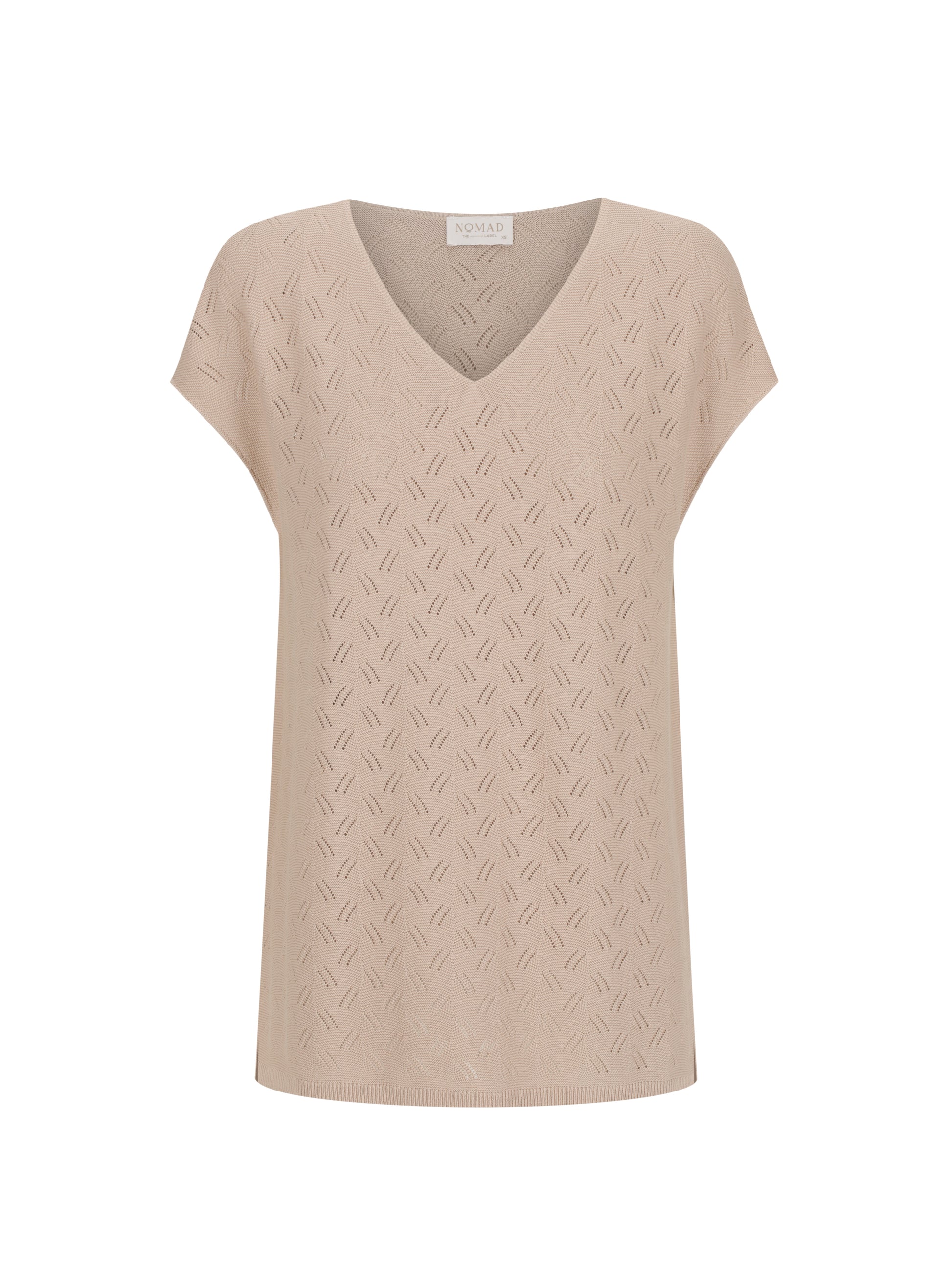 Beige sleeveless knitted top on a white background