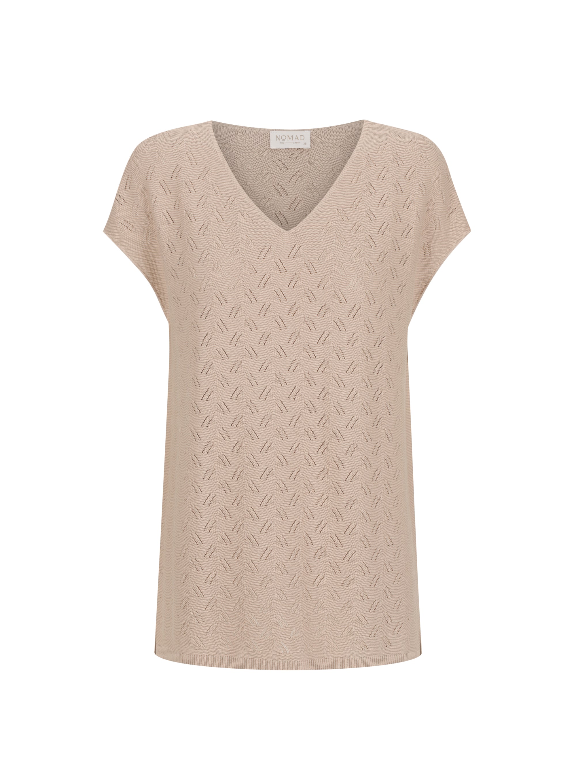 Beige sleeveless knitted top on a white background
