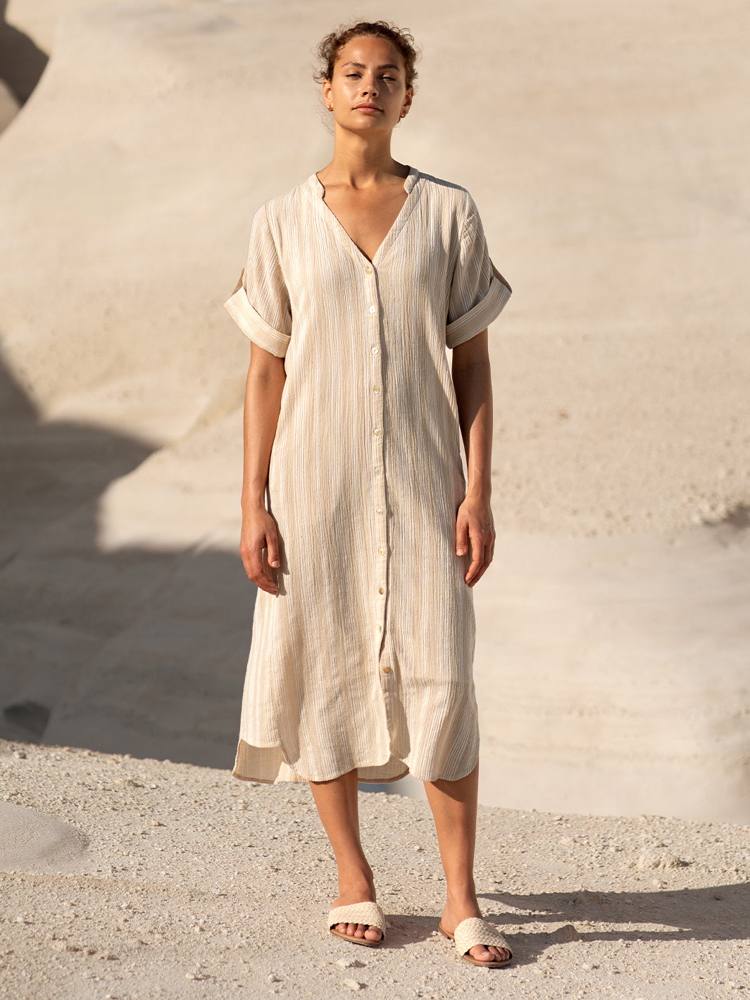 Athena Cotton Dress Sand Stripe