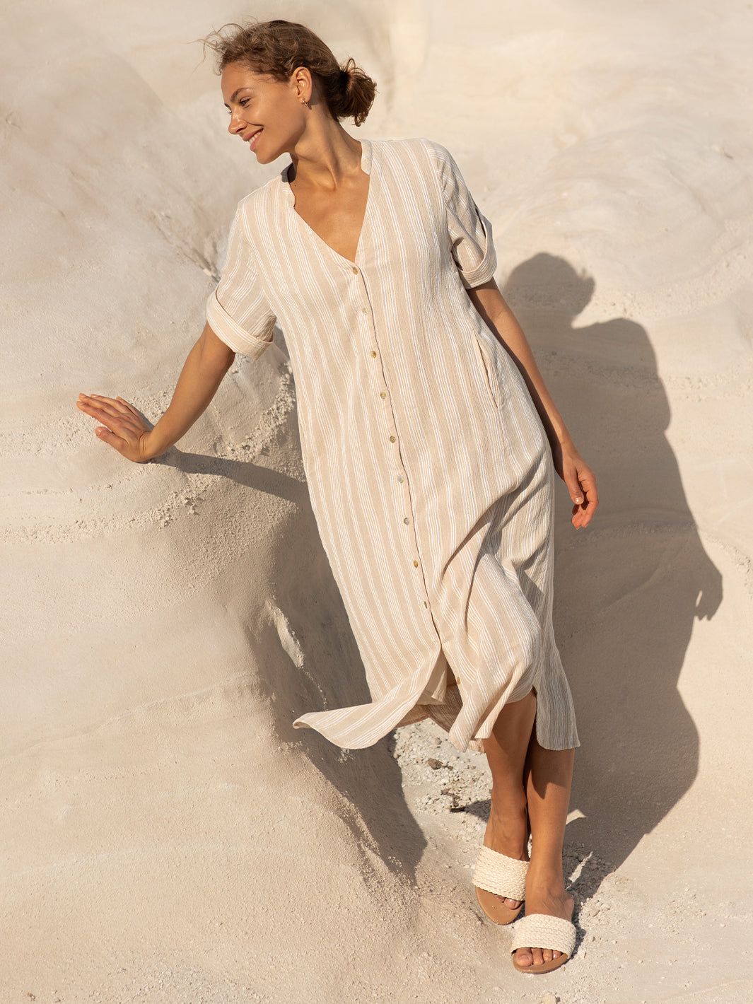 Athena Cotton Dress Sand Stripe