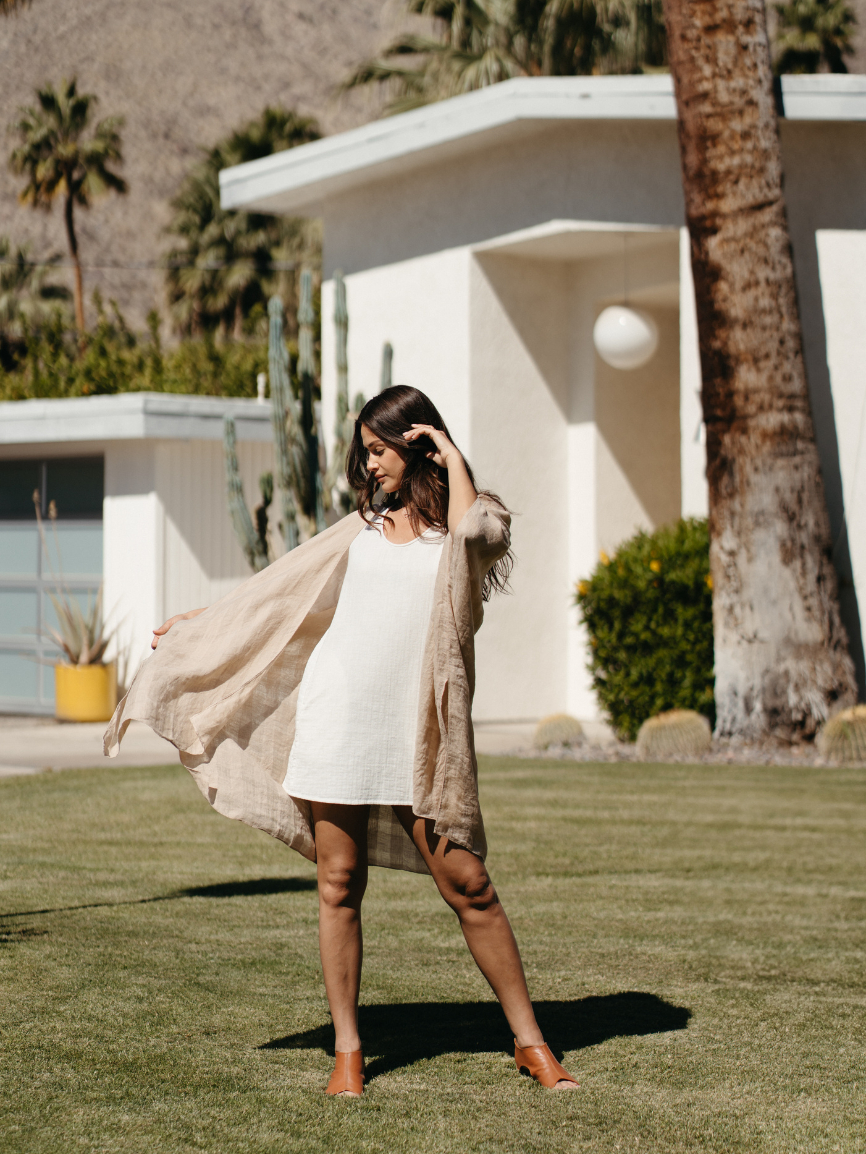 Model wearing Barbados Linen Kimono Oat