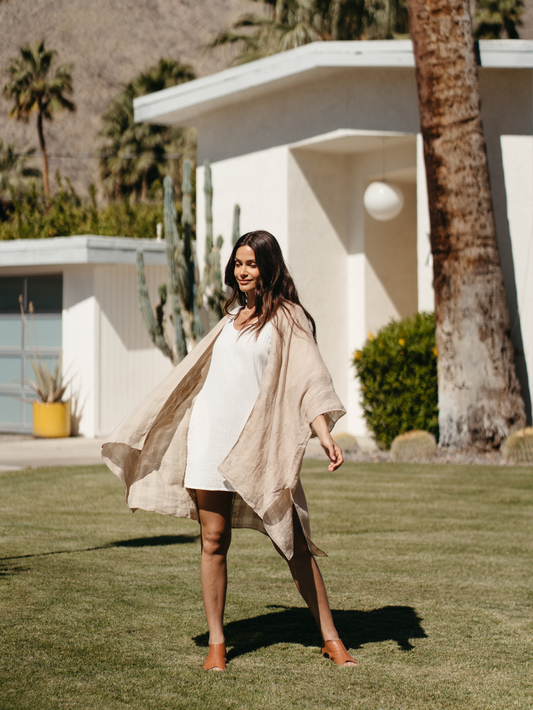 Model wearing Barbados Linen Kimono Oat