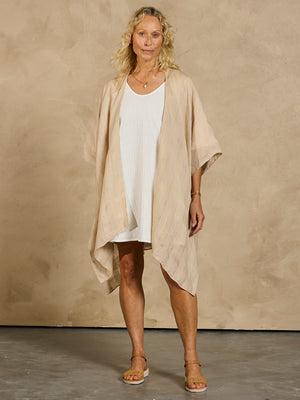 Model wearing Barbados Linen Kimono Oat