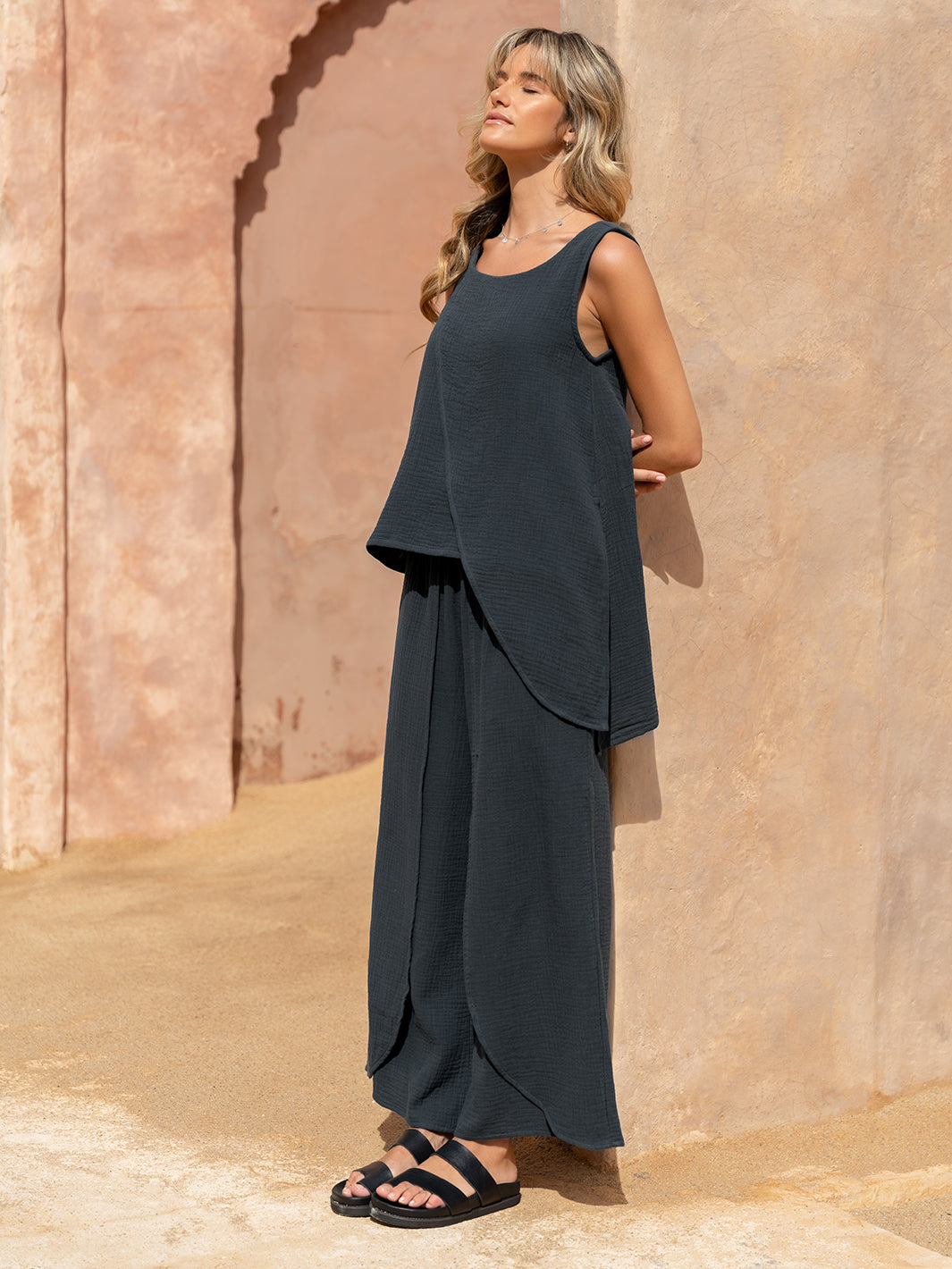 Model wears Caro Cotton Top in Charcoal