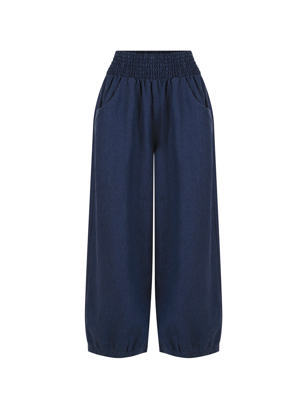 Navy blue wide-leg pants on a white background
