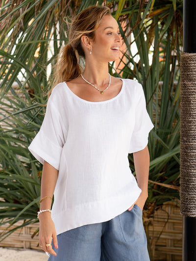 Model wears Costa French Linen and Cotton Top in White