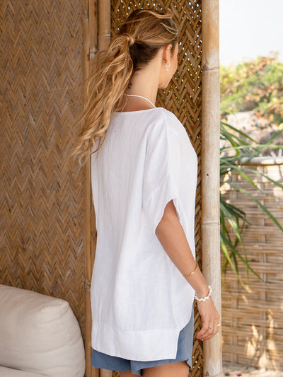 Model wears Costa French Linen and Cotton Top in White