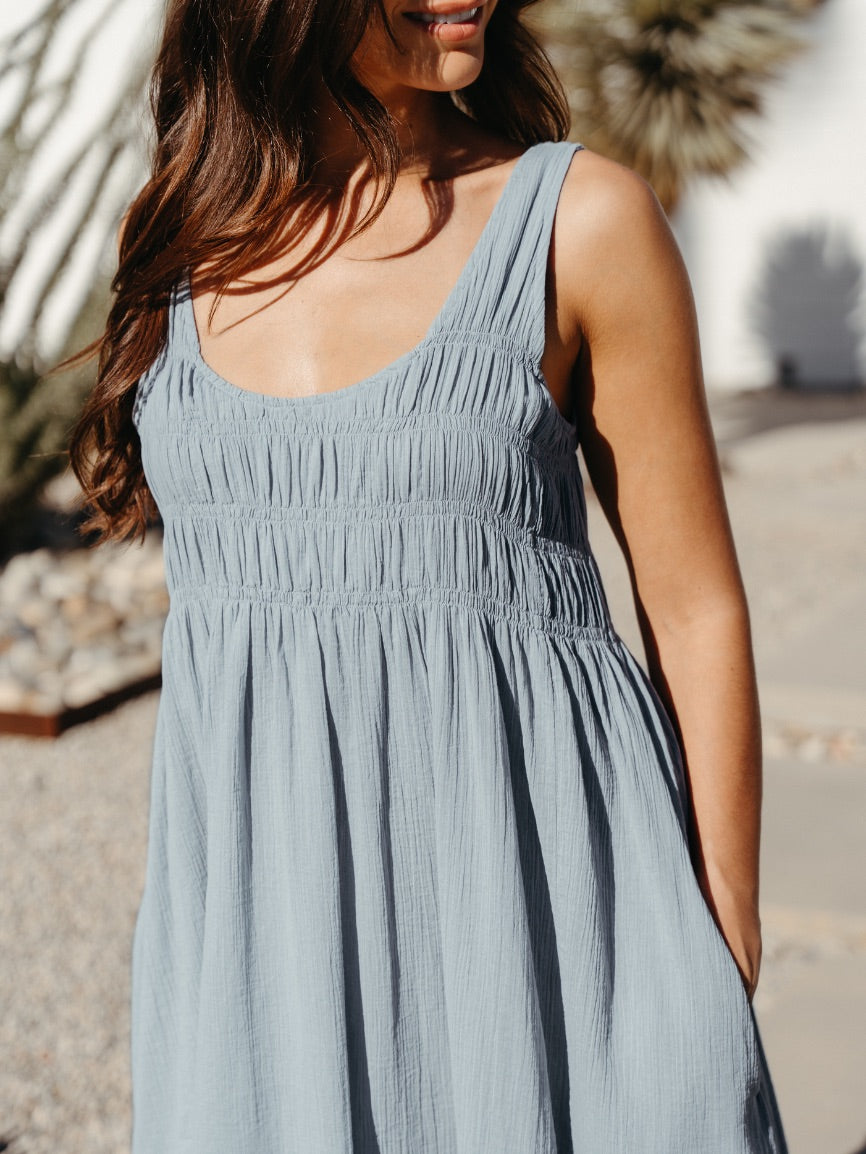 Model wearing Del Monte Midi Cotton Dress Slate Blue