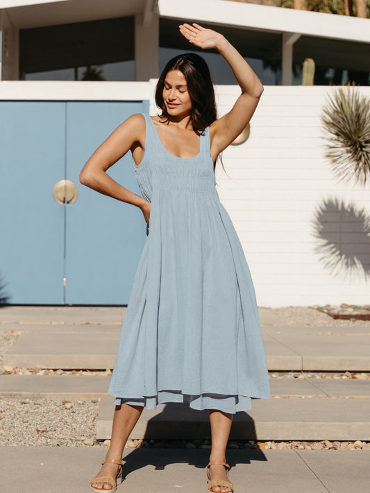 Del Monte Midi Cotton Dress Slate Blue