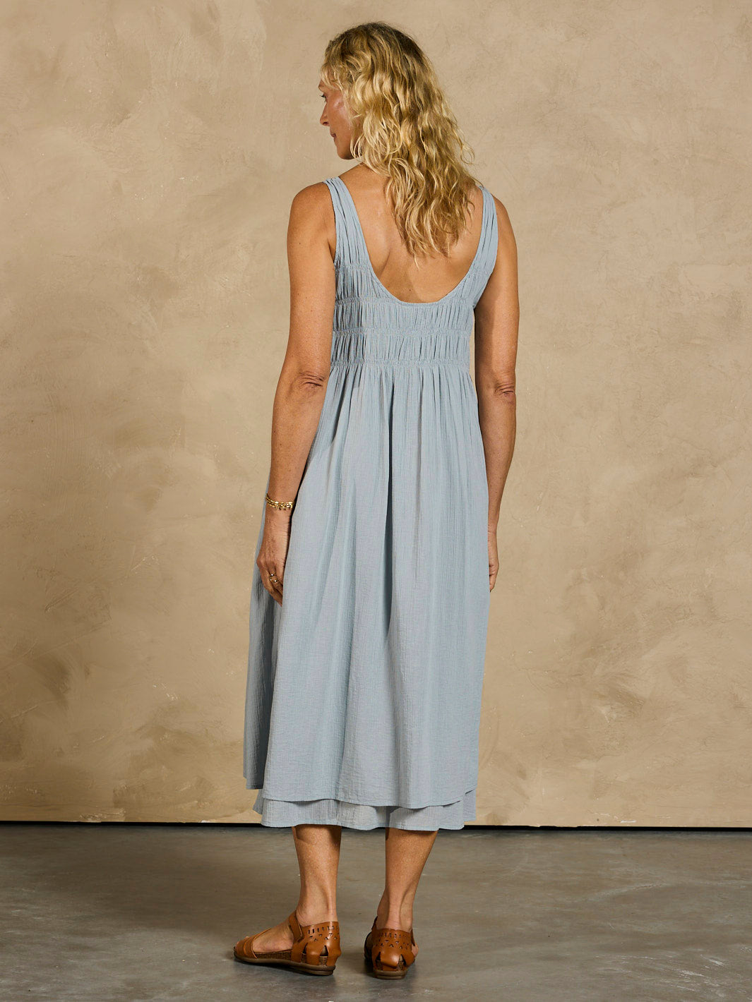 Model wearing Del Monte Midi Cotton Dress Slate Blue