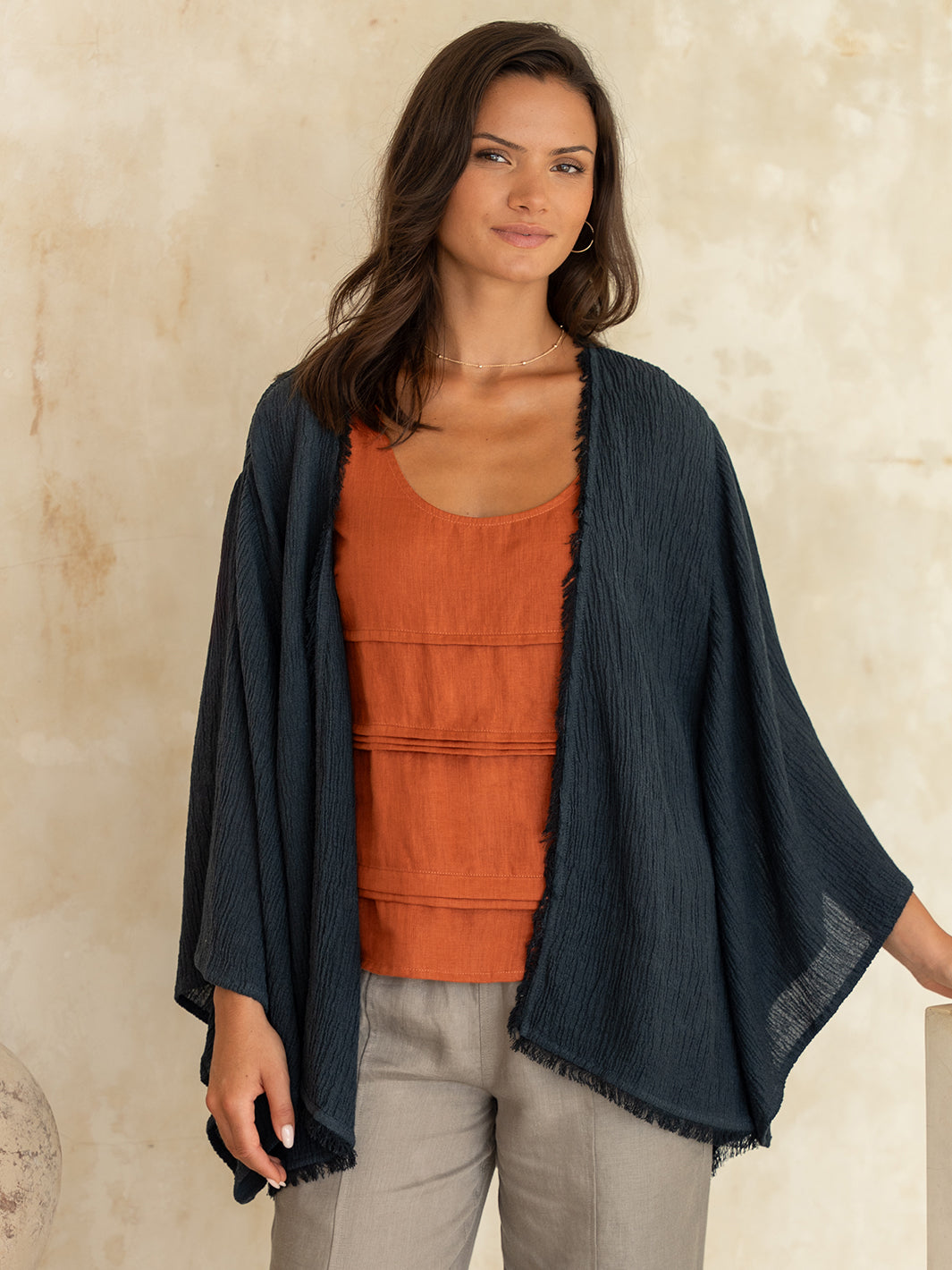 Model wears Isla Linen Blend Kimono in Charcoal