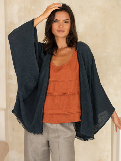 Model wears Isla Linen Blend Kimono in Charcoal