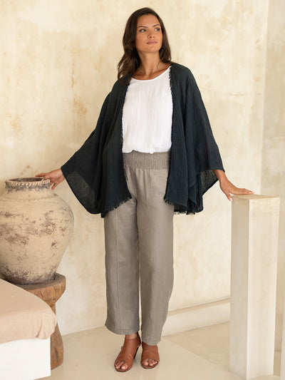 Model wears Isla Linen Blend Kimono in Charcoal