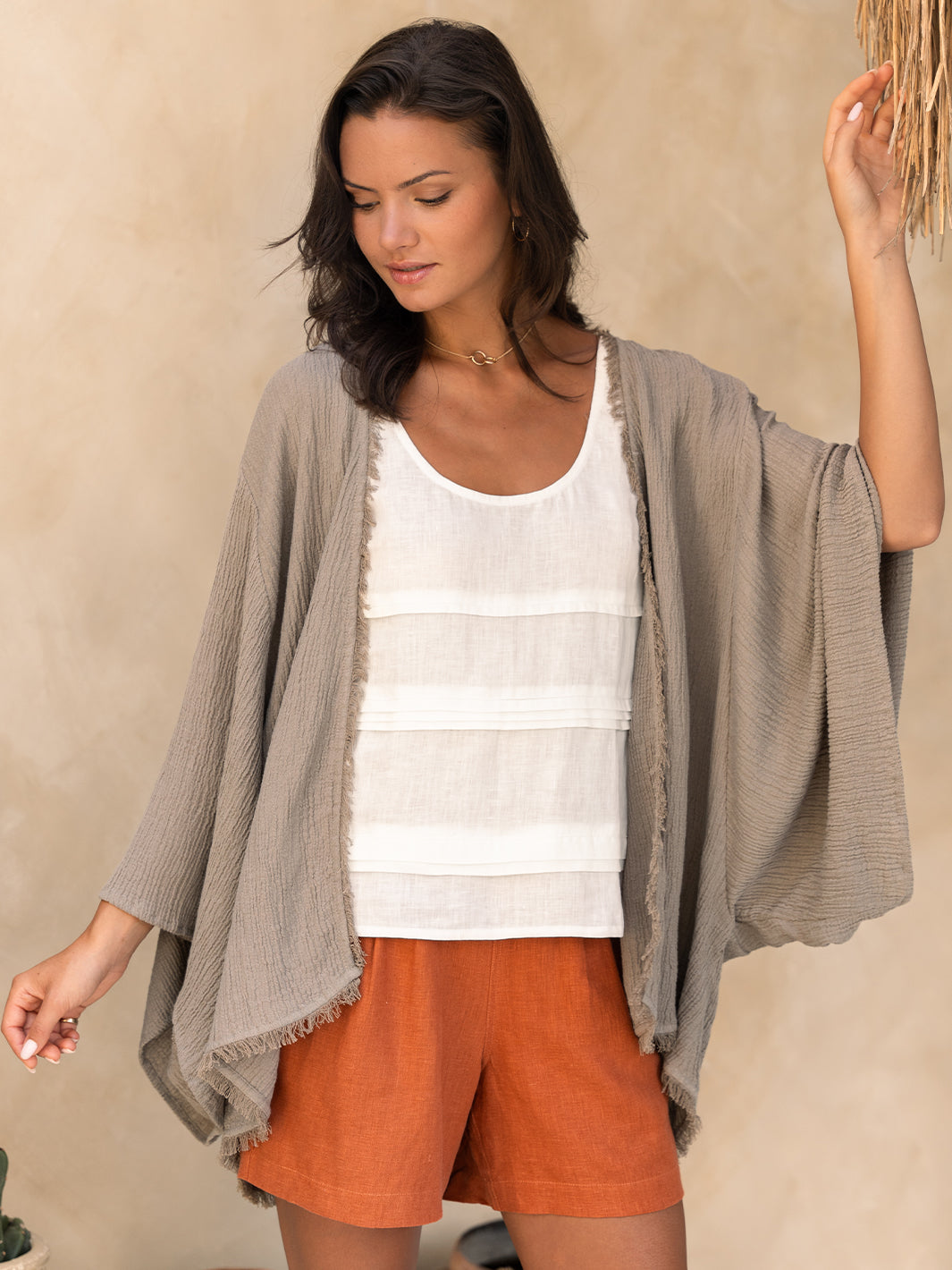 Model wears Isla Linen Blend Kimono in Taupe