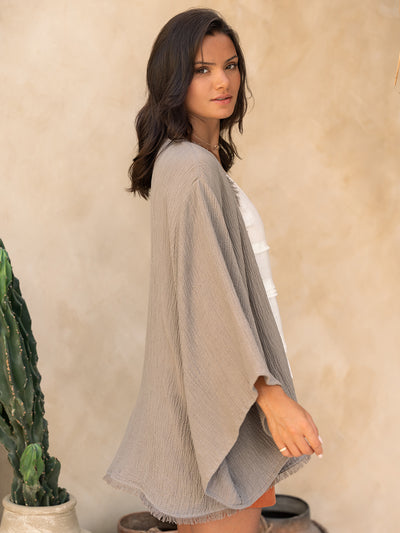 Model wears Isla Linen Blend Kimono in Taupe