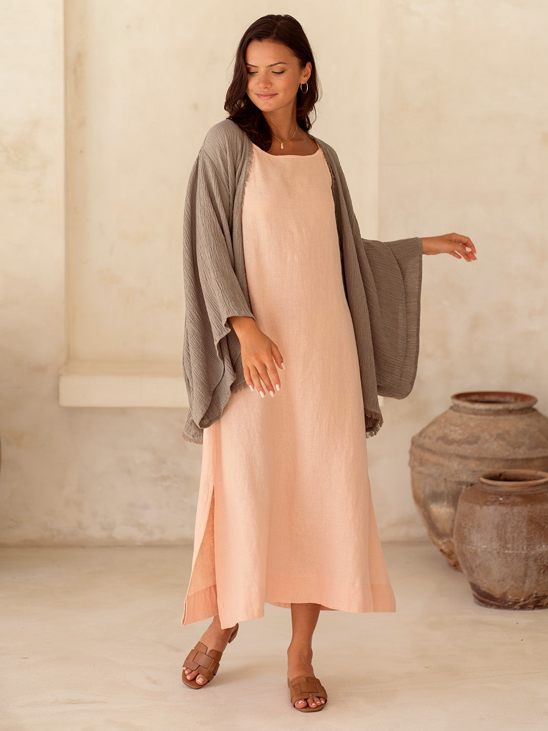 Model wears Isla Linen Blend Kimono in Taupe