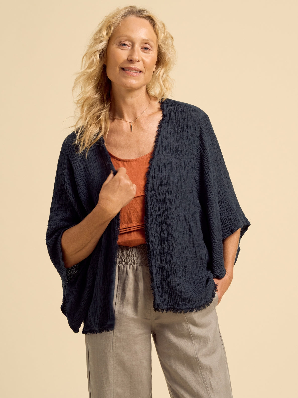 Model wears Isla Linen Blend Kimono in Charcoal