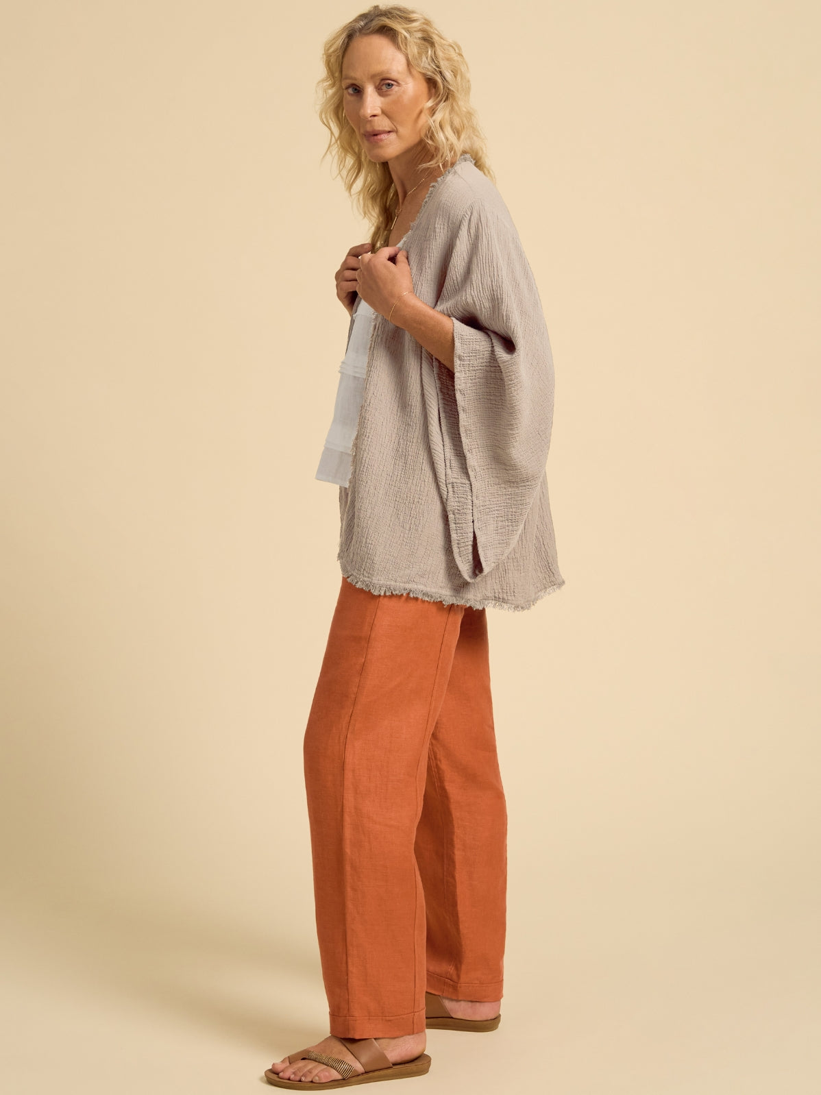 Model wears Isla Linen Blend Kimono in Taupe