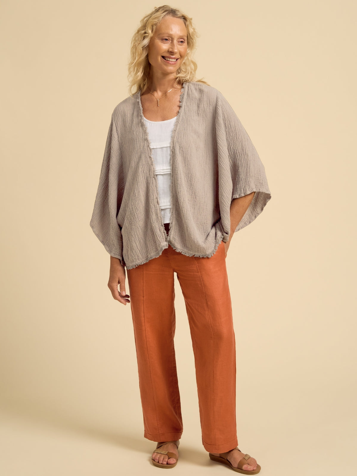 Model wears Isla Linen Blend Kimono in Taupe