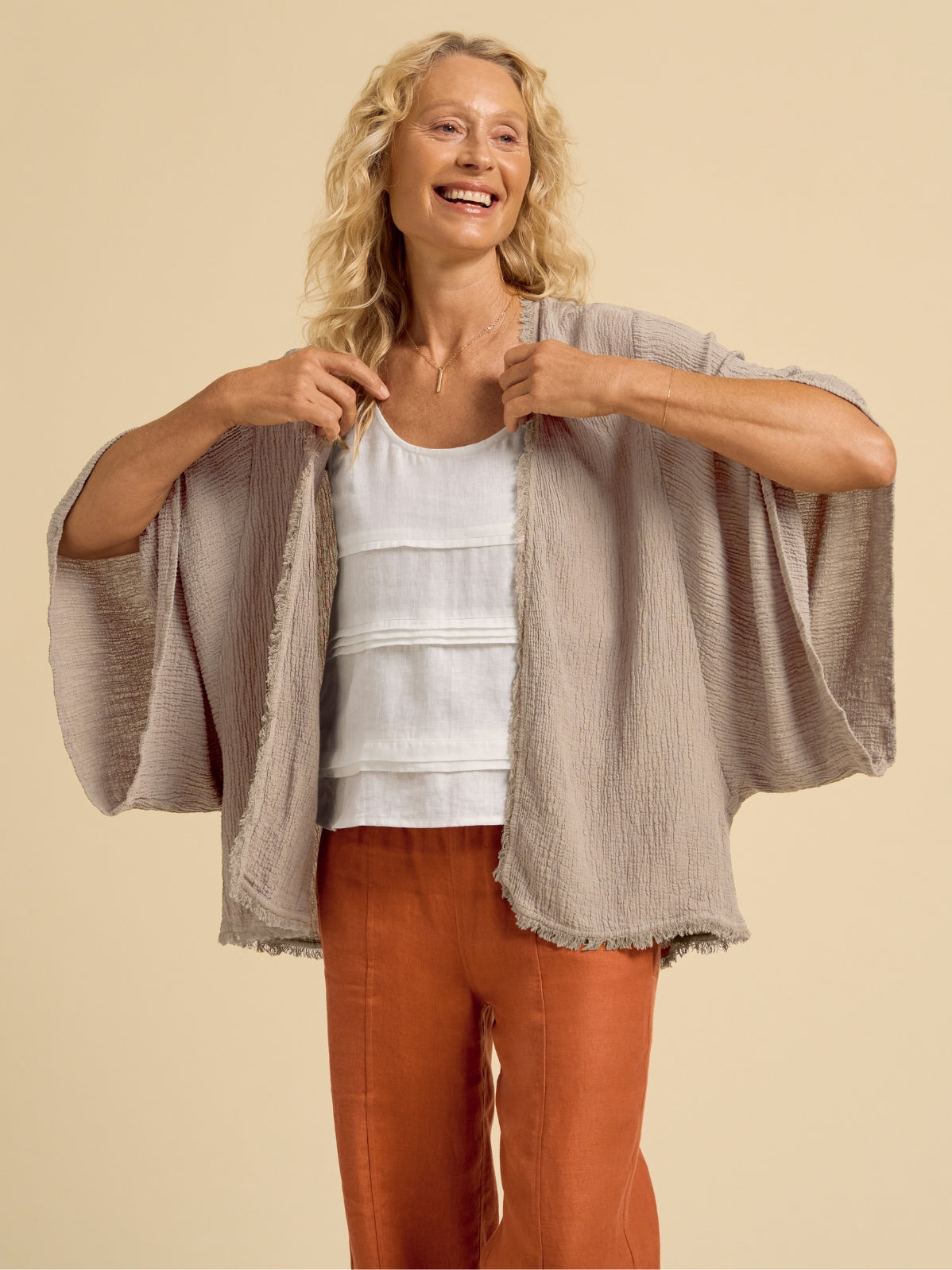 Model wears Isla Linen Blend Kimono in Taupe