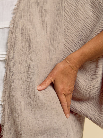 Model wears Isla Linen Blend Kimono in Taupe