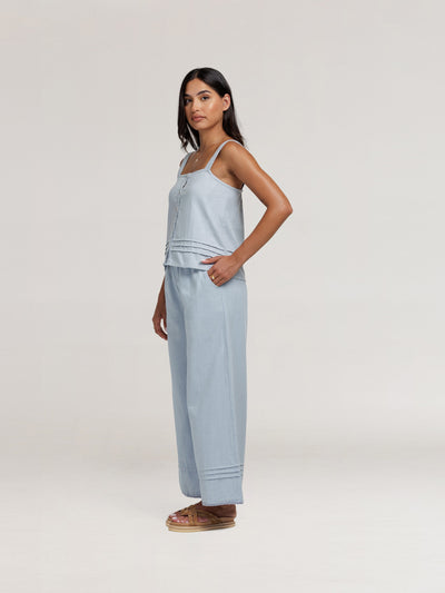 Model wears Cassia Cotton Top & Carabella Cotton Pants in Slate Blue