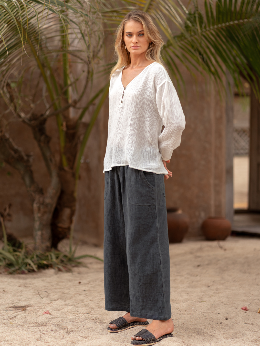 Model wears La Vie Linen Blend Blouse in Coconut