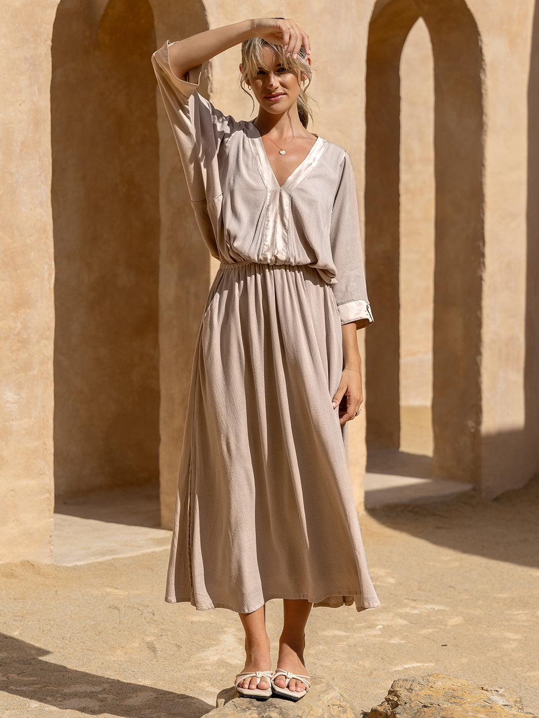 Model wears Lucrezia Maxi Dress in Misty Rose