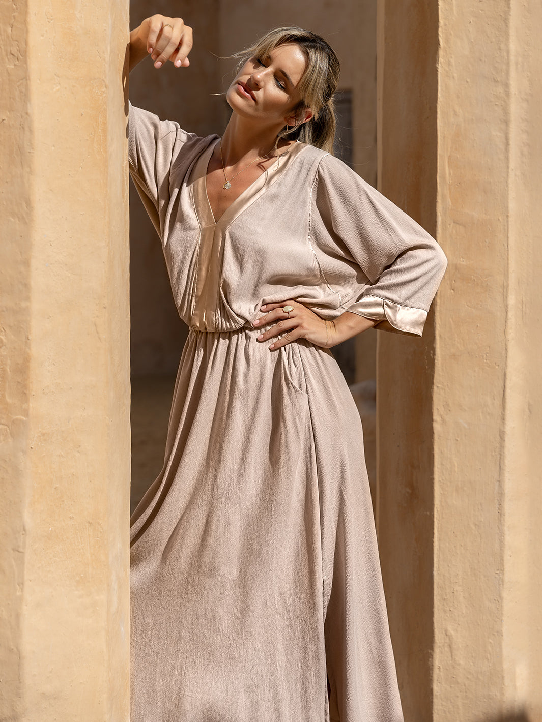 Model wears Lucrezia Maxi Dress in Misty Rose