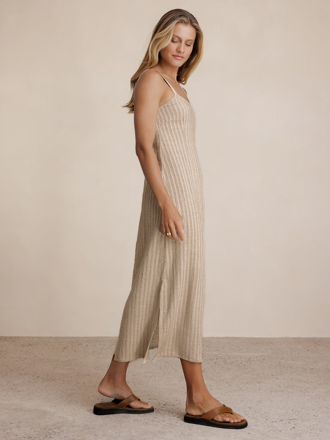 Model wears Mahlia Linen Blend Midi Dress in Stripe