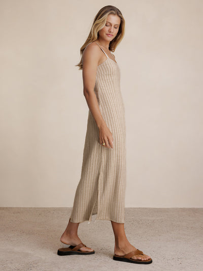 Model wears Mahlia Linen Blend Midi Dress in Stripe
