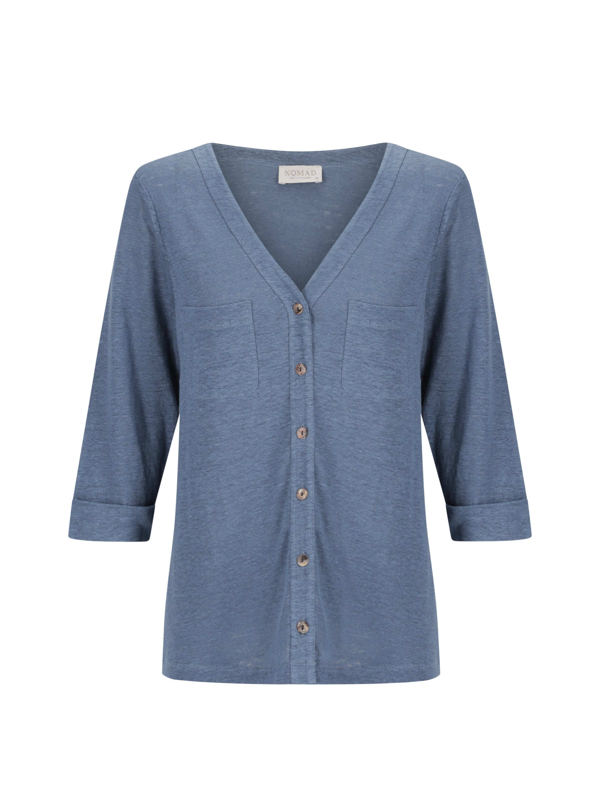 Blue button-up shirt with rolled sleeves on a white background