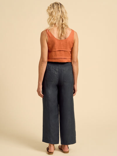 Model wears Morrissey Linen Twill Pants in  Charcoal