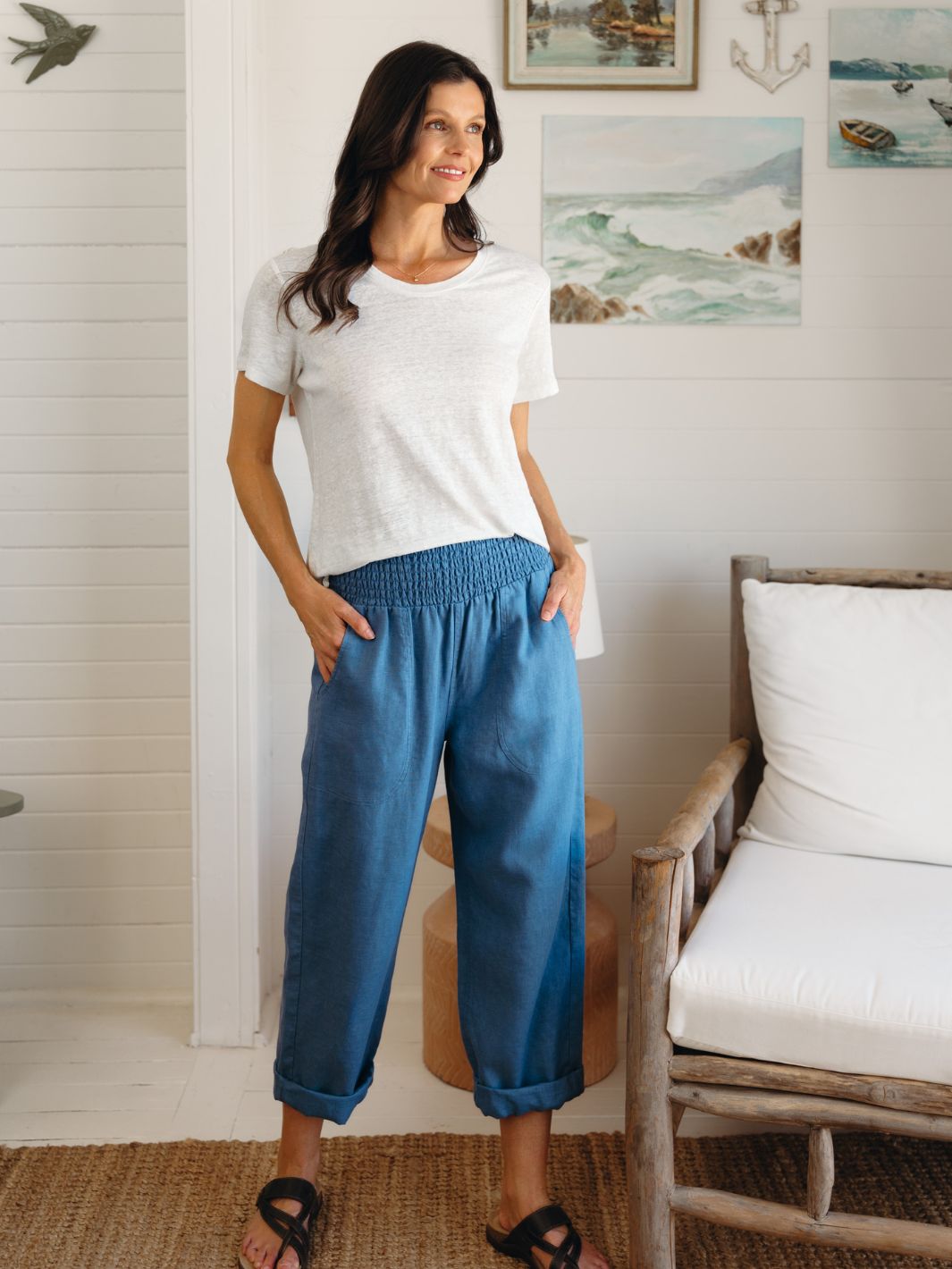 Nautical French Linen Pants Aegean Blue