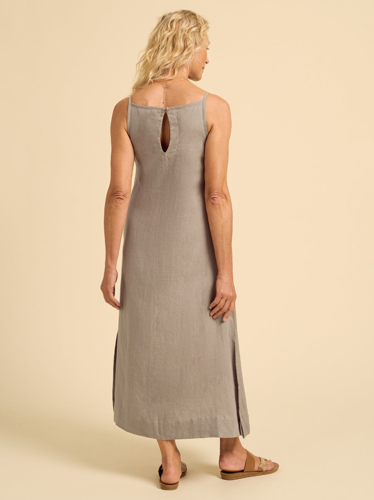 Model wears Peony Linen Dress in Taupe